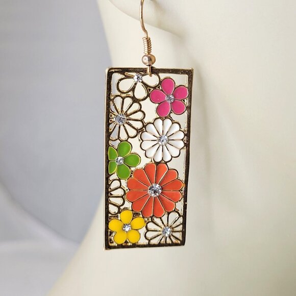 Rectangular Floral Earrings Filigree style with Multicolored flowers - Picture 2 of 12